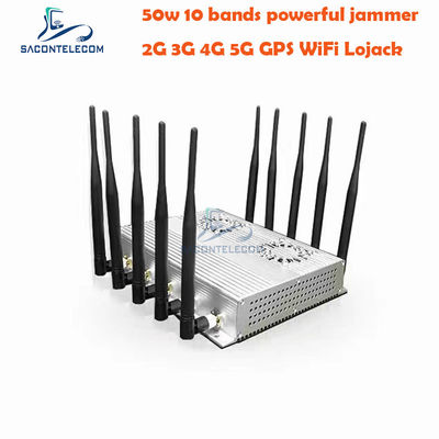 Brouilleur de signal de bureau haute puissance 50W avec 10 antennes et 2 ventilateurs de refroidissement pour GSM DCS 3G 4G 5G