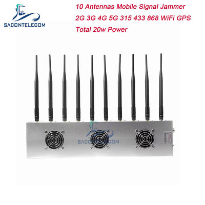 10 canaux 24 heures de travail 3 ventilateurs de refroidissement Blocage du signal sans fil pour 5G GPS WiFi VHF UHF